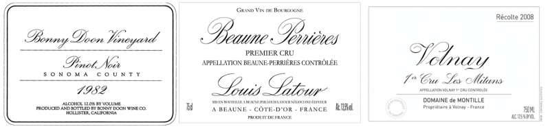 Original BDV Pinot Noir label, Louis Latour and de Montille labels