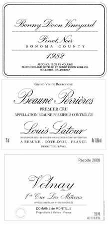 Original BDV Pinot Noir label, Louis Latour and de Montille labels