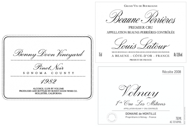 Original BDV Pinot Noir label, Louis Latour and de Montille labels