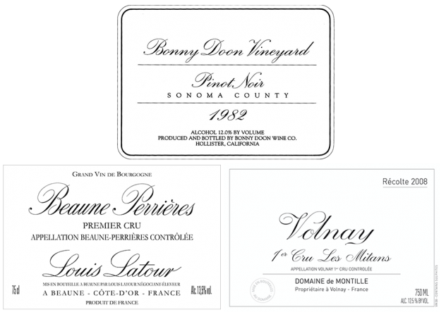 Original BDV Pinot Noir label, Louis Latour and de Montille labels